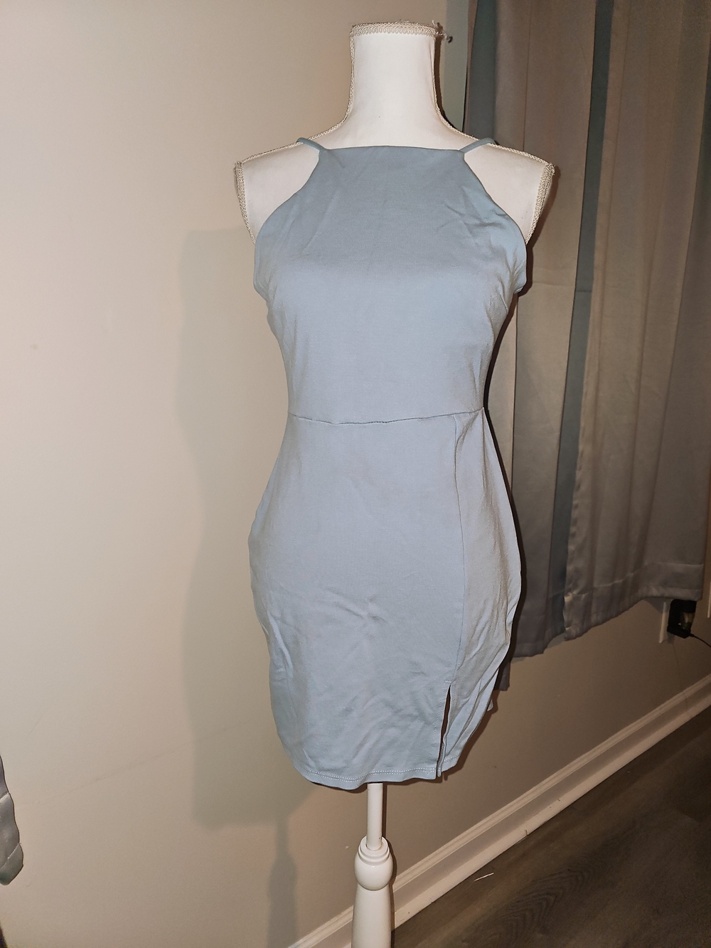 Blāshe Light Blue Halter Bodycon Mini Dress with Side Slit - Size L